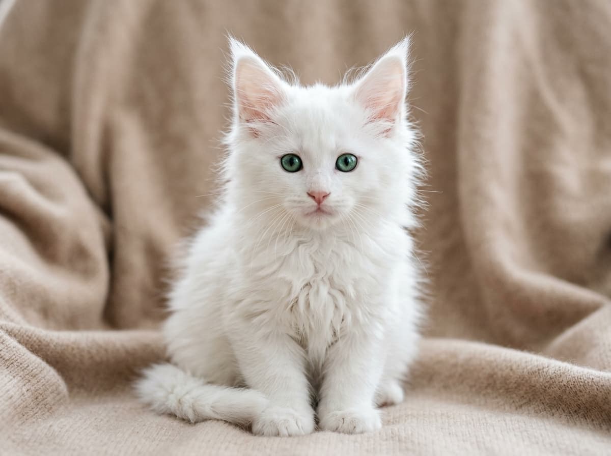 Opal (formerly Bella) - Pure White (Emerald Eyes) Maine Coon adopted by The Lindqvist Family in Naperville, Illinois
